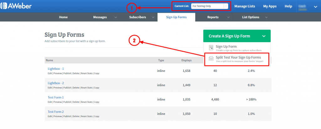 Create A/B test in aweber form